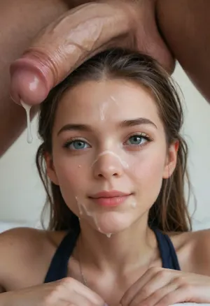 View from below of threesome of 18yo young petite skinny Masha babko, random hair styles, naughty young expression, jawdropping beauty, slightly smiling, shy attitude, (((flaccid cock resting on head))), ((jerking small flaccid cock)), (cumshot, 2.0 facial), ((lots and lots of cum on face:1.5)), ((lots and lots of cum on tits, 1.5)), woman, cum, on, face, <lora:JustCum:2>, <lora:add-detail-xl:.8>, braless, Wearing, clothes, that, make, sense, with, Braless>, <lora:bralessSDXL_v1_00022:.8>