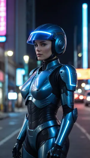 in future town, night, neons, female Robocop, blue armor, (no hair), helmet with visor