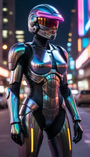 in future town, night, neons, female Robocop, chrome colour, Rainbow Armor, (no hair), helmet with visor