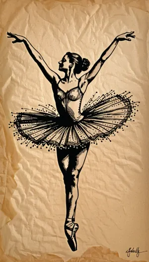 Graceful ballerina in mid-air leap, pen and ink drawing, intricate cross-hatching, fine line work, black ink on parchment, detailed tutu texture, sharp silhouettes, academic sketch style, Fresh, and, creative, pen, strokes, <lora:Fresh Ideas@Pen and ink drawings_SDXL:.8>, <lora:Detailed_female_hands-000001:.8>