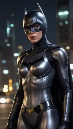 futuristic, in town, night, Batgirl, chrome colour, grey armor, (no hair), helmet with visor, masked face, cape, (the black eye tour:1.5)