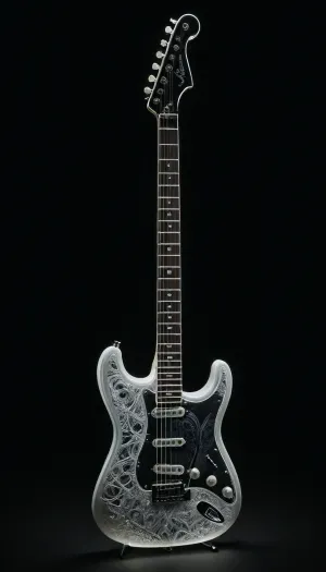 Create a hyper-realistic, highly detailed image of A highly detailed, (photorealistic white glowing Fender Stratocaster electric guitar:1.4), (white glow:1.8), (entire instrument:1.4), set against a black background, (the guitar appears almost glass-like:1.2), with white glowing holographic, (translucent patterns adorning its surface:1.4), (white glowing and magical:1.3), (white glowing intricate designs embedded within the guitar’s body and neck:1.1), (every white glowing detail captured with perfect precision:1.3), (the white glowing strings and frets meticulously aligned:1.2), emphasizing the enchanting, otherworldly aesthetic of the instrument, creating a visually stunning and powerful imagem, (maximum detail), (super realistic photo:1.4), DonMSp3ctr4lXL, holotech, <lora:DonMSp3ctr4lXL-000008:2>, <lora:dark:2>, <lora:detailed_notrigger:2>, <lora:Holotech:2>