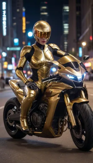 futuristic, in town, night, neons, female Robocop, golden armor, (no hair), helmet with visor, riding big futuristic golden motor, sexy pose, lying forward on the motorcycle