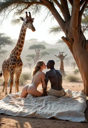 (Interracial hetero couple:1.4), (couple in the foreground:1.2), outdoor, full body view of a pale skinned European woman, (she spreads her legs and exposes vagina to her Lover:1.4), aged 40, has various tender physical contact and loving acts with a 30 years old black African man, perfect anatomy, perfect hands, perfect feet, They are positioned on a bed clearly and sharply in the detailed and focused foreground, (wooden bed is placed beneath a gnarled:1.2), (has cozily sex from behind together under thick down blankets:1.8), (small firm butt:1.6), their faces tenderly visible, radiating warmth and affection, a photorealistic, high-resolution scene set in the African savanna at dawn, a sturdy, drought-resistant tree, like an acacia or baobab. The bed is positioned in the midst of the savanna, (surrounded by various wildlife:1.6), (such as giraffes:1.6), (elephants:1.2), and antelopes, softly blurred in the background. A gentle morning mist hovers over the landscape, and the rising sun casts a warm, golden light. In this serene and mystical setting, a beautiful couple has sex, their expressions peaceful and their skin detailed and realistic. The entire scene blends natural beauty with a dreamlike tranquility, with an overall dreamy, surreal quality that transports the viewer to a realm of wonder and enchantment, (maximum detail), (super realistic photo:1.4), <lora:MJ52:.4>, <lora:Super_Eye_Detailer_By_Stable_Yogi_SDPD0:.3>, <lora:Cloudy_Style:.5>