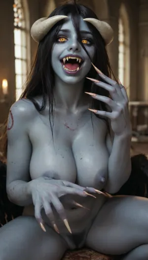 ((((Albedo)))), ((((((undead vampire skin:2)))))), (fangs:2), (long fingernails:2), big breasts, hairy pussy, score_9, score_8_up, score_7_up