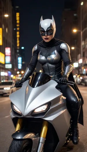 futuristic, in town, night, Batgirl, chrome color, white armor, (no hair), helmet with visor, masked face, cape, (the black eye tour:1.5), riding the batmoto, white motorcycle