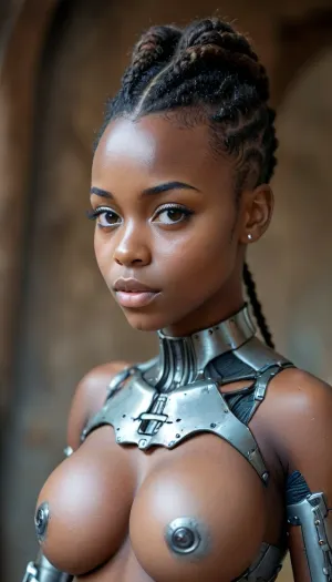 (rear view), pretty beautiful 18 year old African girl with braided dark hair, named Amal, twinkly eyes, ambitious, competitive, slutty, ((very muscular curvy build, large perky breasts, thigh gap, big wide hips, curvy thighs)), wearing tight panties and topless, deep cameltoe, no bra or top, erect nipples and breasts on show, hands resting on her head, medieval cyborg, xlsanaa, woman, <lora:MJ52:.8>, <lora:xlsanaa woman:.8>, <lora:EnvyCyborgXL01:.8>