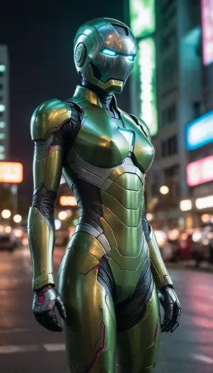 futuristic, in town, night, neons, female Ironman, chrome colour, green armor, (no hair), helmet with visor, masked face