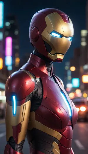 futuristic, in town, night, neons, female Ironman, (no hair), helmet with visor, masked face