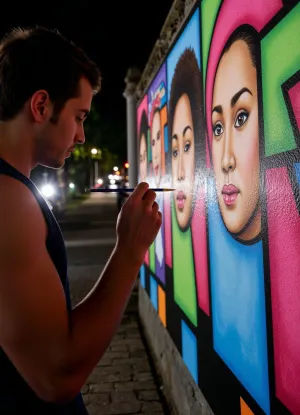 Hyperrealism, Young Brazilian street artist, completes with brush detailing, (night:1.1), neon colors of graffiti based on the works of famous graffiti artist Eduardo Cobra., (Creation process:1.4), Free style painting, (bright neon colors:1.2), blurred night city in the background, bokeh.