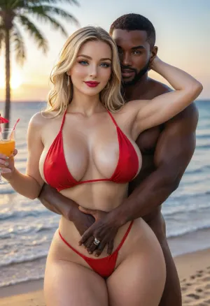 (masterpiece, best quality), explicit interracial couple caressing on the tropical beach. French woman, blonde, 40 years old, (beautiful:1.8), (wedding ring), (curvy:1.7), ((fertile goddess)), wide hips, big bubble butt, thick thighs, dressed, red string bikini, covered breasts, protruding nipples, (small, natural, teardrop breasts), (C cup breasts), perfect heavy makeup, red lipstick, seductive eyes, wry smile, looking at the viewer, closed lips, sexy head-tilt, S-curve model pose, holding up a cocktail, (((embraced from behind))), his hands are caressing her body, 1man, (((male model face))), black African, black skin, swimwear, naked torso, muscular, athletic, bulging brutish muscles, his massive masculine hands are holding her hips, (caressing:1.6), . Tropical Beach, sea, sand, blue sky, sunset golden hour, energetic tone, front view, side view, sunlit from the front, sunlight reflecting off skin, captured with a Leica M10, Leica Summilux 50mm f/1.4 lens, sharp focus, best shadow, score_9, score_8_up, 8K, UHD, clear image, extremely sharp, extremely detailed, extremely intricate detail, high res, ultra-high-definition, highly detailed, ultra-sharp textures, finely detailed, perfect skin texture, hyperrealistic lighting, professional photography, full dynamic range, deep contrast, high clarity, realistic depth of field, HDR, perfect exposure, smooth gradients, volumetric lighting, natural reflections, ultra-fine details, realistic skin pores, individual hair strands, bokeh, soft shadows, color-graded, shadow, minimalism, <lora:attractive_notrigger:.8>, <lora:interesting:1.8>, <lora:NSFW_Reality_Engine_XL05:.8>, <lora:EnvyShadowMinimalismXL01:.8>, <lora:EnvyThiccXL02:.8>