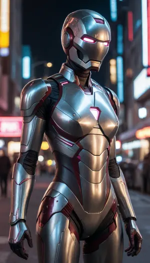 futuristic, in town, night, neons, female Ironman, chrome colour, silver armor, (no hair), helmet with visor, masked face