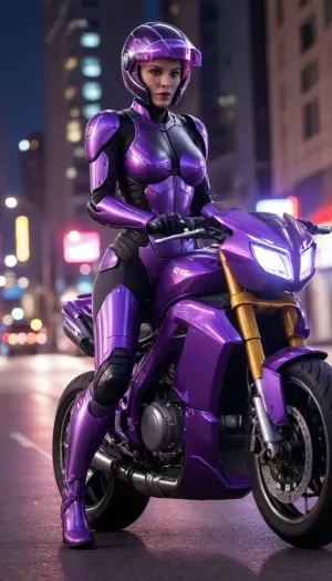 futuristic, in town, night, neons, female Robocop, purple armor, (no hair), helmet with visor, riding big futuristic purple motor, sexy pose, lying forward on the motorcycle