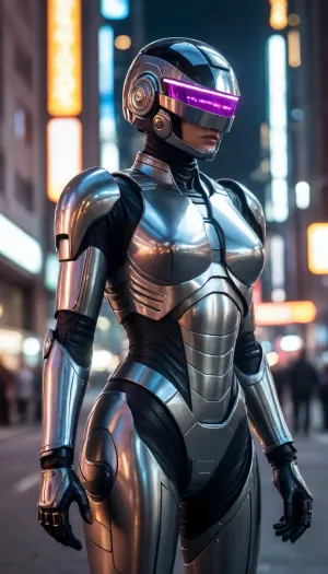 in future town, night, neons, female Robocop, chrome color, silver armor, (no hair), helmet with visor