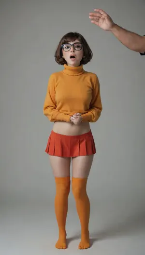 velma dinkley getting fucked violently by a big dick man, wearing thigh high socks and a orange turtleneck thats been pulled up to reveal her breasts, shocked and facial expression, big rounded and heavy tits, open mouth, velma dinkley, full body view