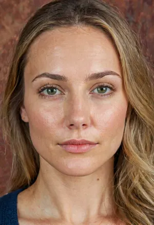 full face head and shoulders portrait of a caucasian woman aged 28-32, entire face fully visible in natural proportions, fair warm-toned skin with visible real pores on cheeks forehead and nose, natural realistic skin texture with subtle fine lines around eyes and forehead, light crow's feet at outer eye corners, slight hooding on upper eyelids with soft natural crease, almond-shaped eyes slightly downturned at outer corners, blue-green hazel iris with detailed realistic texture dark limbal ring and natural color variation, medium natural eyebrows with soft arch visible individual hairs and slight asymmetry, straight nose with rounded tip average width, full natural lips with defined cupid's bow, oval face shape high cheekbones soft jawline slightly prominent chin, long straight blonde hair with light brown roots framing the face, detailed facial anatomy realistic rendering, high resolution 8k ultra detailed, masterpiece best quality sharp focus on full face and shoulders, (full portrait composition:1.6), (entire face in frame:1.5), (photorealistic natural skin texture:1.4), (subtle fine lines and pores:1.3), (accurate eye shape blue-green color:1.4), (proportional realistic face:1.4), (no makeup:1.3)