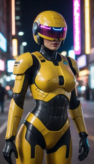 in future town, night, neons, female Robocop, yellow armor, (no hair), helmet with visor