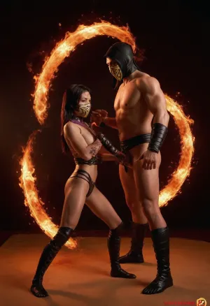 2bodies, Mortal Kombat scane, (1girl, (Mileena from Mortal Kombat)), (1boy, (male, Scorpion from Mortal Kombat)), boy fucking girl from behind, girl fucked by boy doggystyle, standing sex, doggystyle, in a dojo, kumite, fighting club, on tatami, Scorpion fire up Mileena, Mileena is made of transparent fire, a transparent girl made of fire, smoke, (Masterpiece, high quality, best quality, official art, beauty and aesthetics:1.2), fire and fire ring, the ink ring surrounds the girl and the boy, (lingering:1.2), and is a bit of a circular magic, (ink splash:1.2), looking at viewer, (white chinese clothes:.8), kung fu, floating fire, space, simple background, ((extremely detailed ink background)), ((flat color)), {{ink splashing}}, fire nova, fire circle, couple, ninja, 1boy, with, a, mask, white, eyes, <lora:XL-coupleMV2:.1>, <lora:Scorpion1995-1024:1>