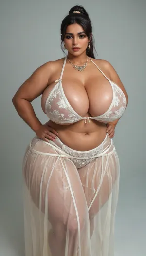 Pakistani dulhan BBW extremely chubby, hyper colossal breasts, extreme hyper colossal hips, wear an extremely sheer see through Pakistani traditional dulhan costume without underwear, on Pakistani traditional wedding function, hair style ponytail, front or back view, ohwx, large, breasts, big, boobs, huge, tits, <lora:GracieBon-000005:1>, <lora:bombshell_v2:1.1>