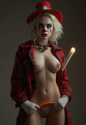 A highly detailed, photorealistic depiction of a perfect female horny clown with, (a puzzled look at the dildo in her hand:1.5), set against a neutral background. She has a perfectly made-up face, featuring vibrant clown makeup, and a round, red foam nose. Her wig is curly and bright red, topped with a funny, colorful hat. She wears an oversized jacket with large buttons and a pocket from which colorful handkerchiefs peek out. Underneath, she has a nude upper body, and oversized, baggy plaid pants held up by suspenders. The pants are slightly sagging, revealing her hip bones, and she is bare-midriff. Her shoes are large, black-and-white, and several sizes too big, and her outfit is completed with white gloves. In one hand, (she holds a very huge white glowing dildo:1.4), and from her pockets, you can see a candy cane and a rubber duck hanging from a string. The clown has a slender figure, large bust, and the entire scene is richly detailed, with high resolution showing skin texture, fabric weave, and lighting that highlights her hair from behind, PiRe, longnips, <lora:MJ52:.5>, <lora:detailed_notrigger:.9>, <lora:longnipsxl:.8>