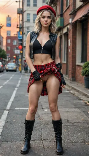 8k, score_9, score_8_up, score_7_up, FILM PHOTOGRAPHY STYLE, cinematic photography of a woman, professional portrait photo realism, alisa ilinichina amiella, gray hair topped by a red beret, She wears a, sleeveless black jacket that covers her chest with the zipper only halfway closed from up to down, exposing her midriff and some cleavage, and a checkered red skirt, She uses black, fingerless gloves, the left of which extends to her elbow, and black thigh-length boots fill out the rather revealing ensemble she wears, opening your legs, lifting the skirt slightly, winking, on the rooftop of a ruined building, orange sky, a lot of vaginal juices are dripping from pussy, (no panties:1.3), (no underwear:1.3), shaved pussy, pussy peek, full body view, <lora:detailed_notrigger:2>, <lora:LCMTurboMix_Euler_A_fix:1>