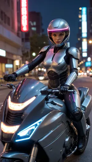 futuristic, in town, night, neons, female Robocop, (no hair), helmet with visor, riding big futuristic motor, sexy pose, lying forward on the motorcycle