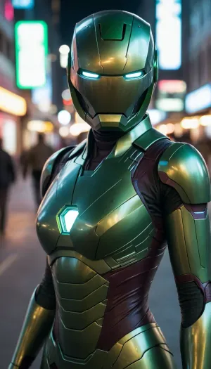 futuristic, in town, night, neons, female Ironman, chrome colour, green armor, (no hair), helmet with visor, masked face