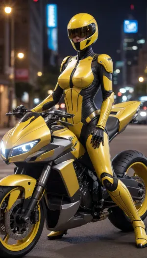 futuristic, in town, night, neons, female Robocop, yellow armor, (no hair), helmet with visor, riding big futuristic yellow motor, sexy pose, lying forward on the motorcycle