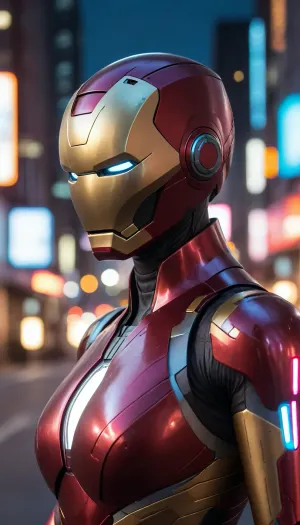 futuristic, in town, night, neons, female Ironman, (no hair), helmet with visor, masked face