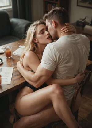 score_9, score_8_up, score_7_up, score_6_up, 1girl, blond hair, 20 years old, normal body, normal face, sex on table, legs hug a man, orgasm, view from above, man covers a woman