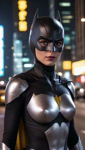futuristic, in town, night, Batgirl, chrome colour, white armor, (no hair), helmet with visor, masked face, cape, (the black eye tour:1.5)