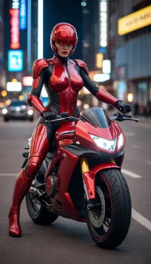 futuristic, in town, night, neons, female Robocop, red armor, (no hair), helmet with visor, riding big futuristic red motor, sexy pose, lying forward on the motorcycle