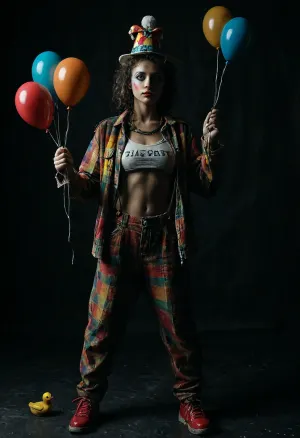 A highly detailed, photorealistic depiction of a perfect female clown set against a neutral background. She has a perfectly made-up face, featuring vibrant clown makeup, and a round, red foam nose. Her wig is curly and bright red, topped with a funny, colorful hat. She wears an oversized jacket with large buttons and a pocket from which colorful handkerchiefs peek out. Underneath, she wears a bright, patterned shirt with a deep neckline, and oversized, baggy plaid pants held up by suspenders. The pants are slightly sagging, revealing her hip bones, and she is bare-midriff. Her shoes are large, black-and-white, and several sizes too big, and her outfit is completed with white gloves. In one hand, she holds a balloon, and from her pockets, you can see a candy cane and a rubber duck hanging from a string. The clown has a slender figure, large bust, and the entire scene is richly detailed, with high resolution showing skin texture, fabric weave, and lighting that highlights her hair from behind, PiRe, longnips, <lora:MJ52:.5>, <lora:dark:.1>, <lora:crowd_notrigger:1.1>, <lora:detailed_notrigger:.9>, <lora:longnipsxl:.8>
