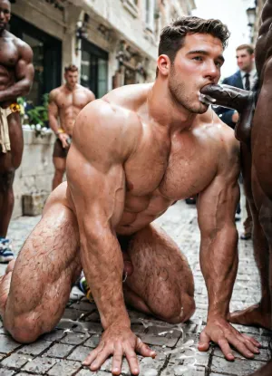 1 Muscular white naked man, view from the side and below, bending over on a crowded sidewalk, on all fours, interracial gay gangbang, hatefuck, multiple muscular white men, multiple muscular black men, spit-roasted, sucking multiple cocks, anal sex, cocks cumming all over white naked man, black and white men watching, nude muscular black men watching, watching, deepthroating cock, huge cocks, huge balls, very hairy legs, very hairy arses, very hairy chests, cum on face, cum on arse, show fully all men participating in the fuck scene
