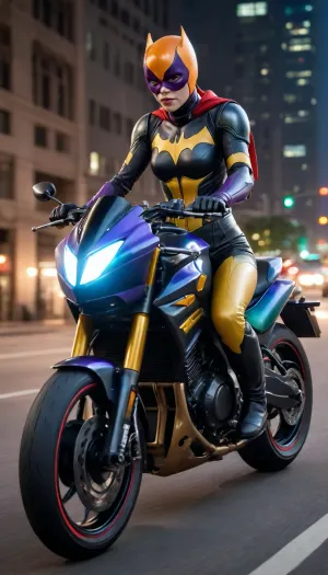 futuristic, in town, night, Batgirl, chrome color, Colorful Armor, (blue right arm, red left arm, green right leg, orange left leg, purple helmet and yellow body), (no hair), helmet with visor, masked face, cape, (the black eye tour:1.5), riding the big batmoto, (((multiple colors motorcycle)))