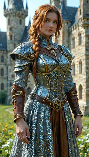Uber realistic, 8k, ultra detailed, masterpiece, (beautiful female steampunk medieval knight), (transparent chainmail armor), large firm breasts, steampunk medieval setting, medieval steampunk castle in background, detailed green eyes, High, Resolution, More, Details, 8K, but, <lora:add-detail-xl:.8>, <lora:MJ52:.8>, <lora:BUT_SDXL_SHS:.3>, hkstyle, <lora:hkstyleV5:.8>