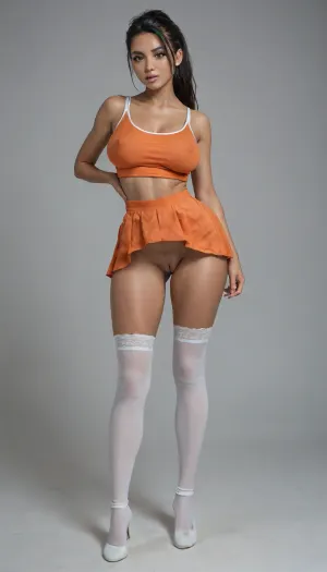 Nemona from Pokémon, (tan olive skin:1.3), perfect skin, extremely beautiful face, blush, freckles, full lips, thick lips, ultra high details, award winning photo, breasts, hips, super waist, perfect anatomic body, erect nipples, (comically hyper puffy swollen vulva:1.3), puffier, (excessive hyper pronounced puffy swollen labia:1.3), over sized vulva, thick eyelashes, long eyelashes, blushing, pink lips, glossy lips, attractive face, perfect nose, round cheeks, beautiful woman, hinata, sexy, model, pretty face, hyper realistic, perfect eyes, best detailed hair, red micromini skirt, orange tight tanktop, white stockings, white g string, engorged breastб full body portrait, full length picture