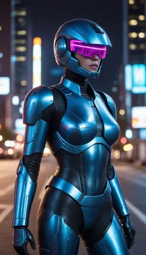 in future town, night, neons, female Robocop, metallic color, blue armor, (no hair), helmet with visor