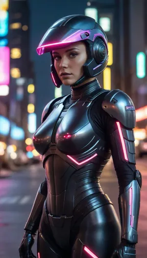 in future town, night, neons, female Robocop, black armor, (no hair), helmet with visor