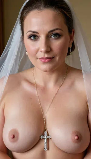 Very stacked fat milf, nude woman, shy smile, veil, ordinary milf style, huge cross necklace, makeup High detailed photo, high quality photo, flat, chested, <lora:Face Shapes - Round XLP:1.4>, <lora:epicNewPhoto:1.2>, <lora:flat_chested_v3.5:1.4>