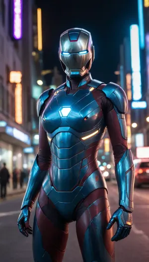 futuristic, in town, night, neons, female Ironman, chrome colour, blue armor, (no hair), helmet with visor, masked face
