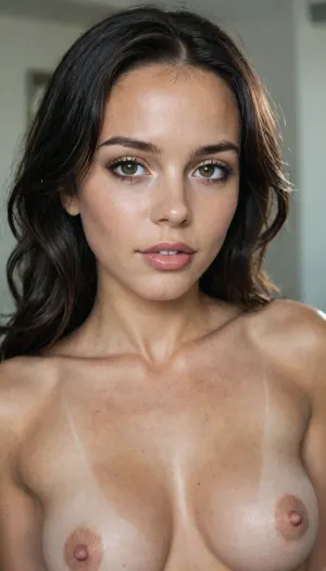 Photorealistic close-up of a stunning sexy trans woman with flawless tanned skin, long wavy black hair, full lips, heavy makeup, large breasts, and massive erect penis, passionately jerking off with intense pleasure expression. Dim bedroom lighting, soft shadows, cinematic depth of field, high detail, 8k, ultra realistic.