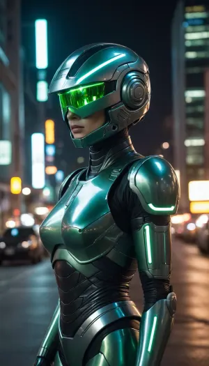 in future town, night, neons, female Robocop, chrome colour, green armor, (no hair), helmet with visor