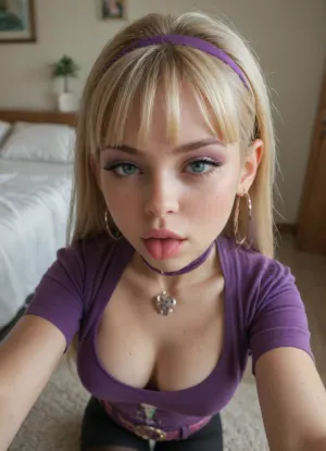 (Pacifica Northwest from Gravity Falls), solo, Pacifica has long beach blonde hair with bell-shaped bangs and dark blue eyes. Pacifica usually wears a purple jacket with a short lavender dress, a periwinkle belt, and black leggings with off-white boots. She wears heavy purple eyeshadow and lavender hoop earrings. Huge tits, seductive selfie, revealing breast, half-closed eyes, (naughty seductive blowing a kiss to the viewer:1.8)
