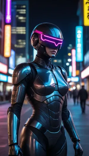 in future town, night, neons, female Robocop, metallic color, black armor, (no hair), helmet with visor