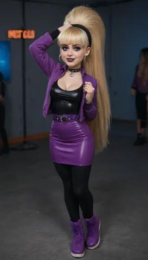 4K, UHD, masterpiece, best quality, (Pacifica Northwest from Gravity Falls:1.7), Pacifica has long beach blonde hair with bell-shaped bangs and dark blue eyes. Pacifica usually wears a purple jacket with a short lavender dress, a periwinkle belt, and black leggings with off-white boots. She wears heavy purple eyeshadow and lavender hoop earrings. Huge tits, wide hips, revealing tits, (at the neon night club:1.7), (sexy goth tight club version of her clothing:1.7), (controlled sensual dancing:1.3), cleavage, closed mouth teasing smile