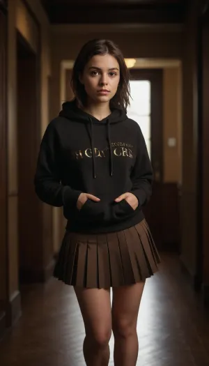 cute hoody, short pleated skirt, brunette, fully body