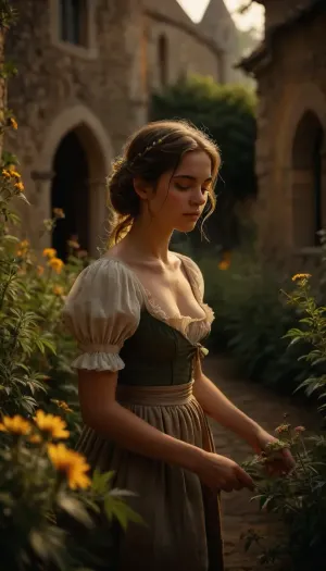 Imagine a photorealistic scene set in the 14th century during a warm summer afternoon, as the sun begins to set and bathes the garden in a golden glow. In this magical garden, a young 30 years old gardener, slightly sweaty and dirt-streaked from her work, tends to a variety of plants. The garden is filled with medicinal herbs, cannabis, and blooming flowers, creating a lush and vibrant atmosphere. Butterflies dance around her, and small birds flutter through the air, adding life and movement to the scene. In the background, ancient stone walls of a library or monastery rise, adding historical charm. The gardener, dressed in period-appropriate attire with a skirt, apron, and bonnet, exudes calm and fulfillment as she nurtures the garden. The entire scene is rich in detail, capturing the timeless beauty and enchantment of the moment., downblouse, nipslip, <lora:RealDownblouseXL2:1.3>, <lora:MJ52:.8>