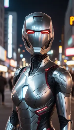 futuristic, in town, night, neons, female Ironman, chrome colour, silver armor, (no hair), helmet with visor, masked face