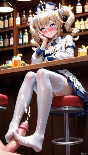 Barbara from Genshin Impact, Very good quality, 4K, excellent quality, feetjob, She touches his penis with her feet, the cum on the legs, she is 20 years old, in a restaurant by the sea, the weather is sunny, Small breasts, Completely naked, Behind her are people unlike anyone else, she is very shy, Her cheeks are flushed, she is very embarrassed, Sitting on the bar counter in white stockings, Foot fetish, ((In a skirt))